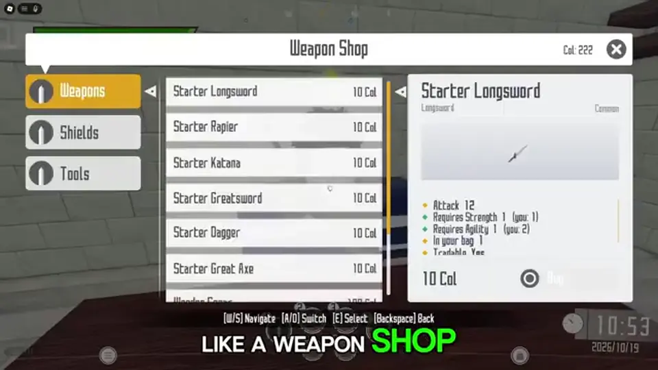 Town of Beginnings level weapon shop starter row